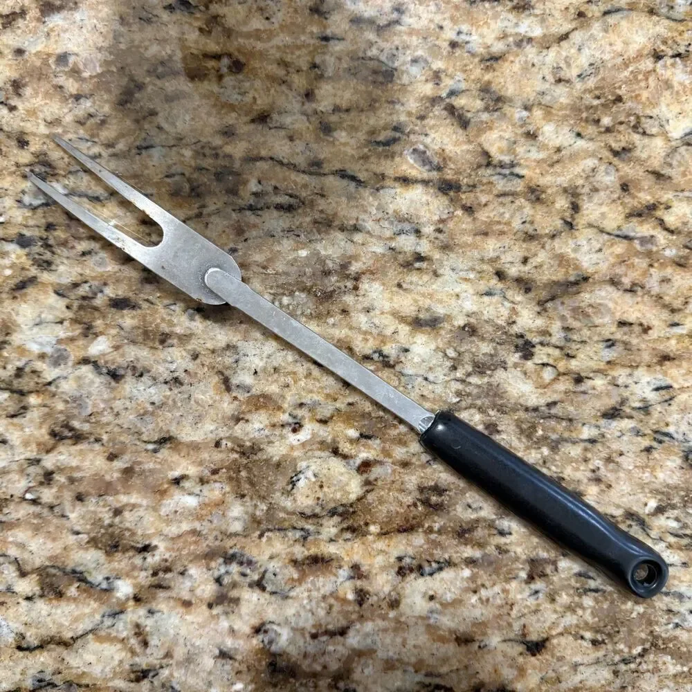 VINTAGE EKCO Serving/Carving Fork, White & Blue Folk Art Tulip Handle, Chromium